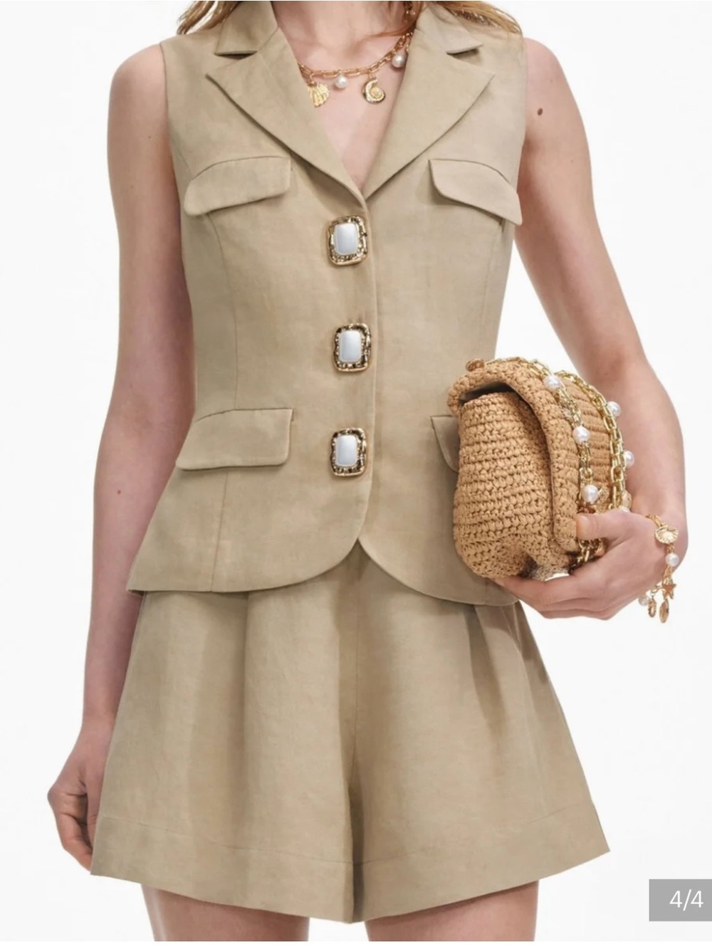 Beige Woven Straw Clutch Bag with Pearl Chain